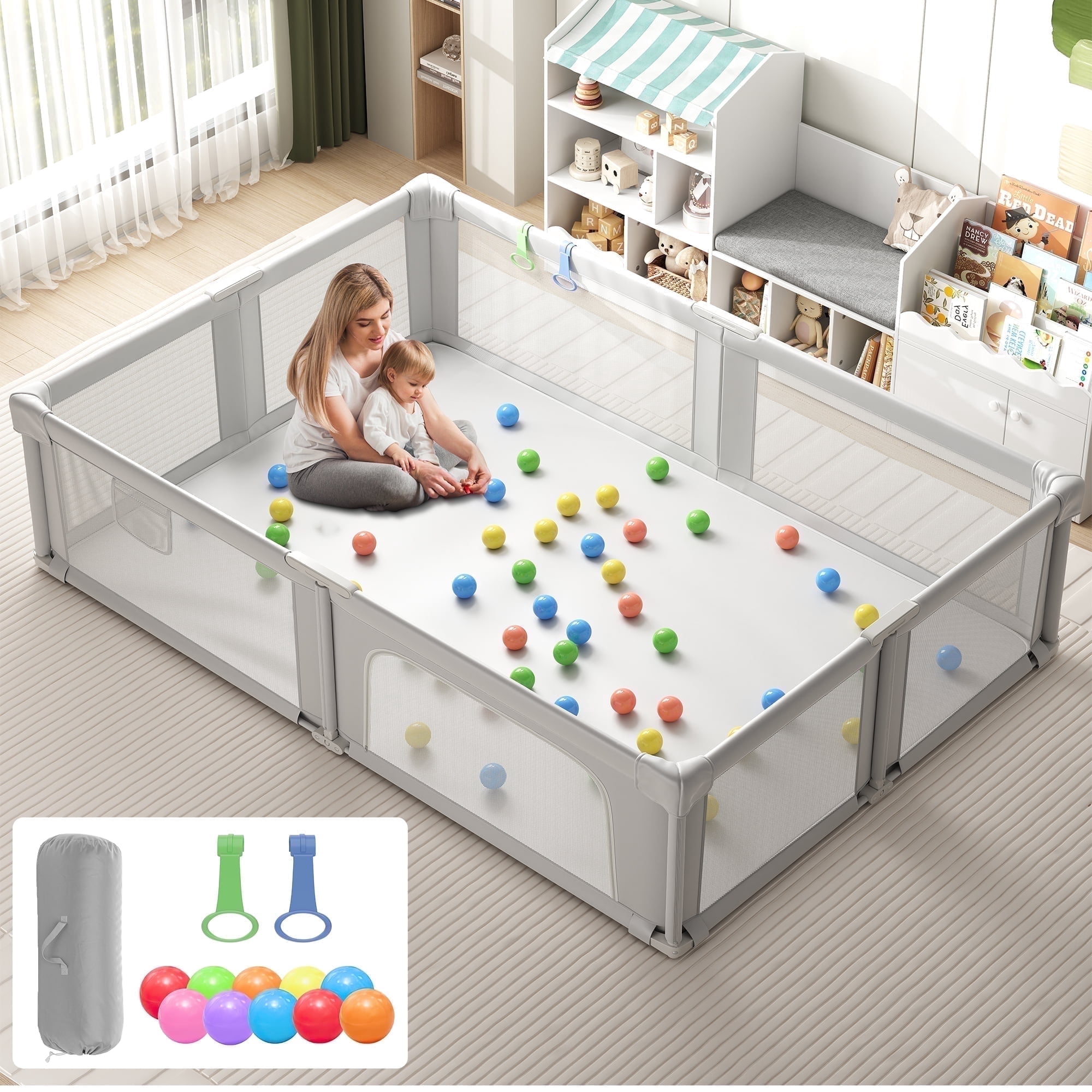 73“×61” Baby Playpen with Mat, Extra Large Baby PlayYards,Child Play Yard with Breathable Mesh for Indoor&Outdoor, Light Gray