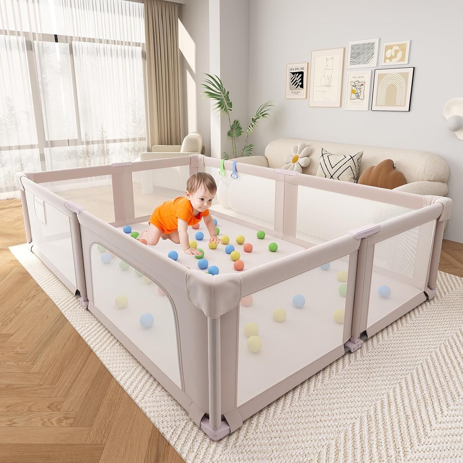NEGYLIM 73" ×61" Large Baby Playpen, Baby Playard for Babies and Toddlers, Baby Fence Play Pens for Indoor & Outdoor, Sturdy Safety Play Yard with Soft Breathable Mesh and Carry Bag, Anti-Fall, Pink