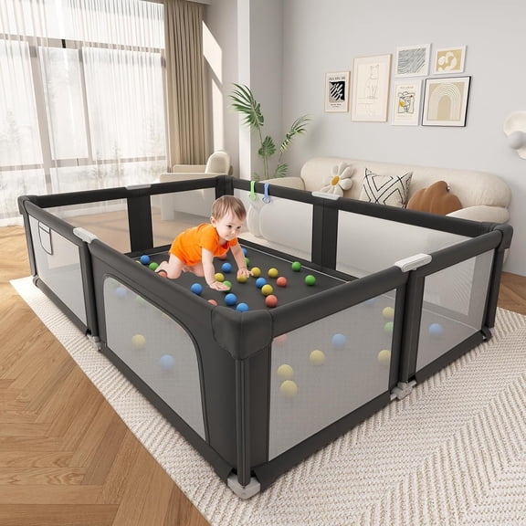 NEGYLIM 73" ×61" Large Baby Playpen, Baby Playard for Babies and Toddlers, Baby Fence Play Pens for Indoor & Outdoor, Sturdy Safety Play Yard with Soft Breathable Mesh and Carry Bag, Anti-Fall, Black