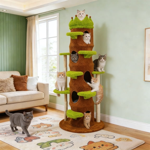 73.62" Tall Cat Tree Crown Perch Cat Multi-Level Activity Tower Large Play House for Multiple Cats with Sisal Scratching Posts, Plush Platform