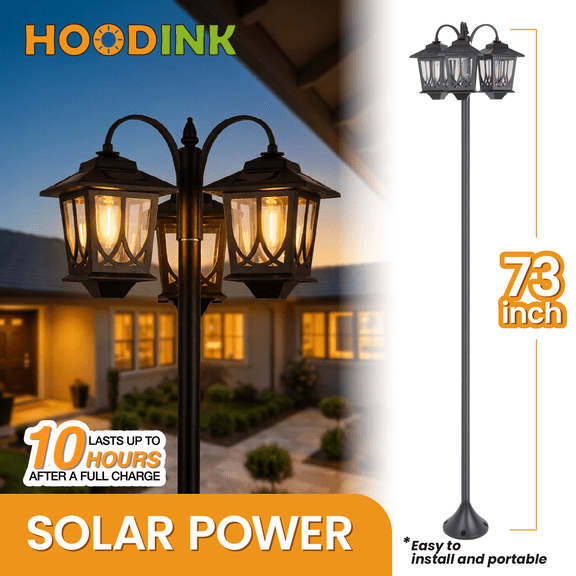 73" Aluminum Solar Lamp Post Light, 3-Head Solar Light Posts for Outside Waterproof, 90Lm Outdoor Lamps for Patio, Backyard, Front Porch Decor, Warm White, Replaceable Bulb