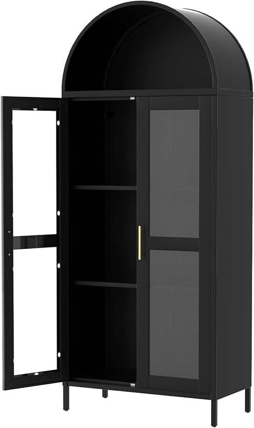 73'' Arched Kitchen Pantry Storage Cabinet with Doors/Shelves, Black Arched Bookcase Display Cabinet for Home Office Bar Living Room, Assemble Require