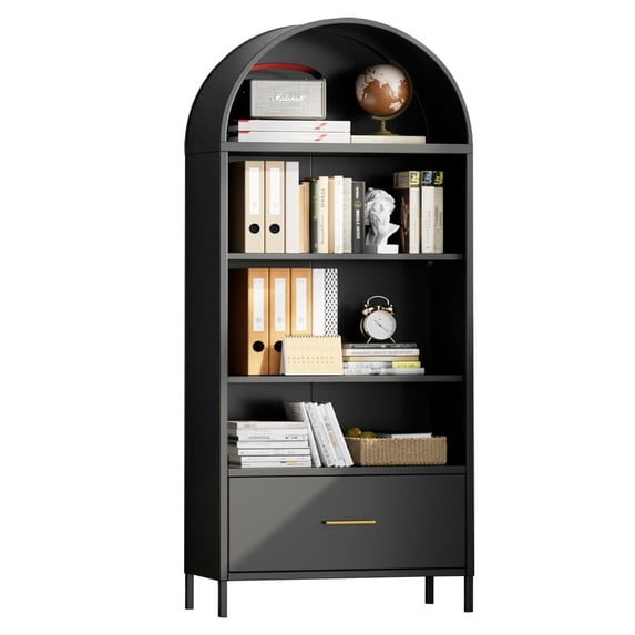 73" Arched Storage Cabinet with Drawer, 2 Adjustable Metal Bookcase, Multi-Purpose Organizer for Kitchen/Pantry/Office, Assembly Required, Black