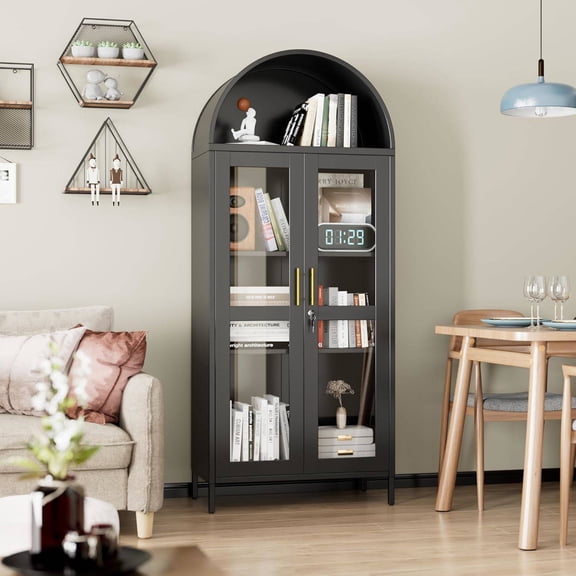 73" Black Metal Arched Display Cabinet with Glass Doors, Locking Curio Bookcase with 2 Adjustable Shelves