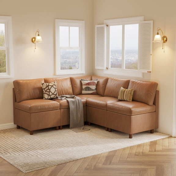 73" Breakfast Nook Bench with Storage, Pet-Friendly Brown Faux Leather L-Shaped Modular Banquette, 5-Seat Corner Seating