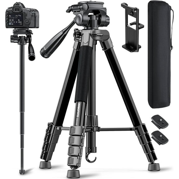 73" Camera Tripod and Monopod, Professional Aluminum Stand for Mirrorless Camera/DSLR/Cell Phone/Camcorder/GoPro, with Phone Holder Travel Bag (Black)