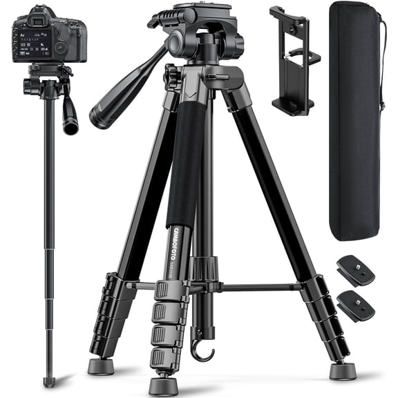 73" Camera Tripod and Monopod, Professional Aluminum Tripod Stand for Mirrorless Camera/DSLR/Cell Phone/Camcorder/GoPro, with Phone Holder and Travel Bag (Black)