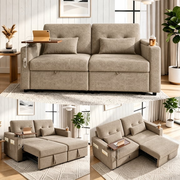 73" Convertible Sofa Bed, 3-in-1 Folding Sleeper Sofa with Pull Out Bed, Modern 2 Seater Convertible Chenille Couch,360° Swivel Side Table, Perfect for Living Room,Khaki