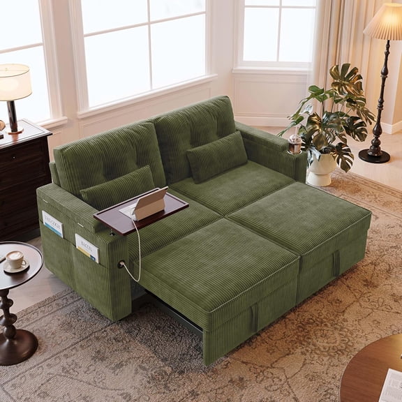 73" Corduroy Sleeper Sofa, Green, Queen Pull Out Couch with USB & Storage, 3-in-1 Convertible with Table, Great for Apartments, RVs, Balconies & Movie Nights
