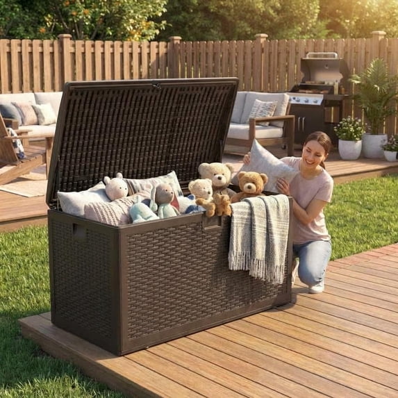 73 Gallon Brown Resin Deck Storage Box, Lockable Weatherproof Blow-Molded, 480LBS Bench, Tool-Free Assembly, Brown