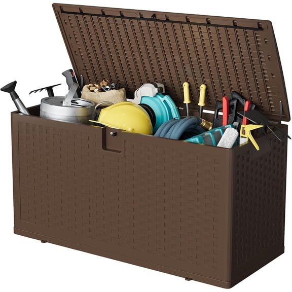 73 Gallon Resin Deck Box, Weatherproof and UV Resistant Outdoor Storage Box, Lockable Outdoor Storage Bin for Patio Cushions, Garden Tools, Pool Supplies, Package Delivery, Brown