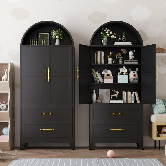 73" H Metal Tall Arched Kitchen Pantry Cabinet, Modern Farmhouse China Storage Cabinets with 2Door and Adjustable Shelves, Versatile Cupboard for Kitchen, Dining Room, Bathroom, Bedroom