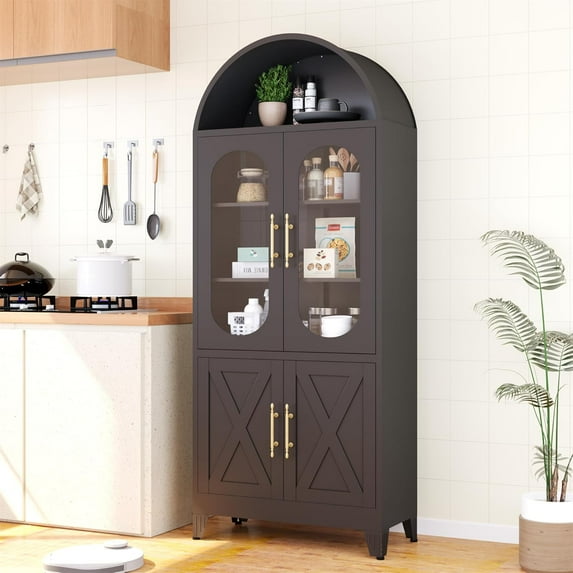 73" H Metal Tall Arched Kitchen Pantry Cabinet, Modern Farmhouse China Storage Cabinets with Glass Door and Adjustable Shelves, Versatile Cupboard for Kitchen, Dining Room, Bathroom (Black)