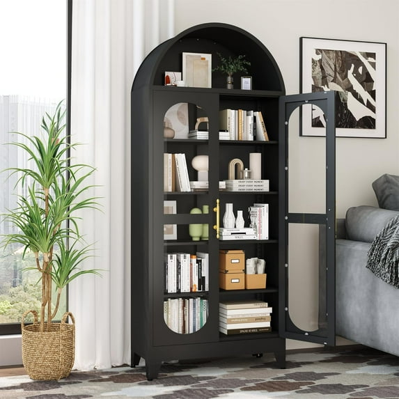 73"H Metal Tall Arched Kitchen Pantry Storage Cabinet, Modern Farmhouse China Storage Cabinets with Glass Door and Adjustable Shelves, Versatile Cupboard for Kitchen, Dining Room, Bathroom (Black)