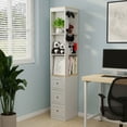 thumbnail image 1 of 73"H Narrow Bookcase, 3-Tier Storage Cabinet with 3 Drawers & 2 Hooks, Modern Display Storage Shelves for Living room, Study, Bathroom, Antique White, 1 of 7
