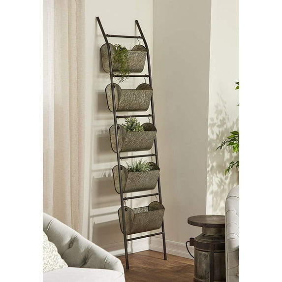 73"H Rustic Galvanized Iron Metal Farmhouse Planter 5 Bucket Tiered Ladder Decor