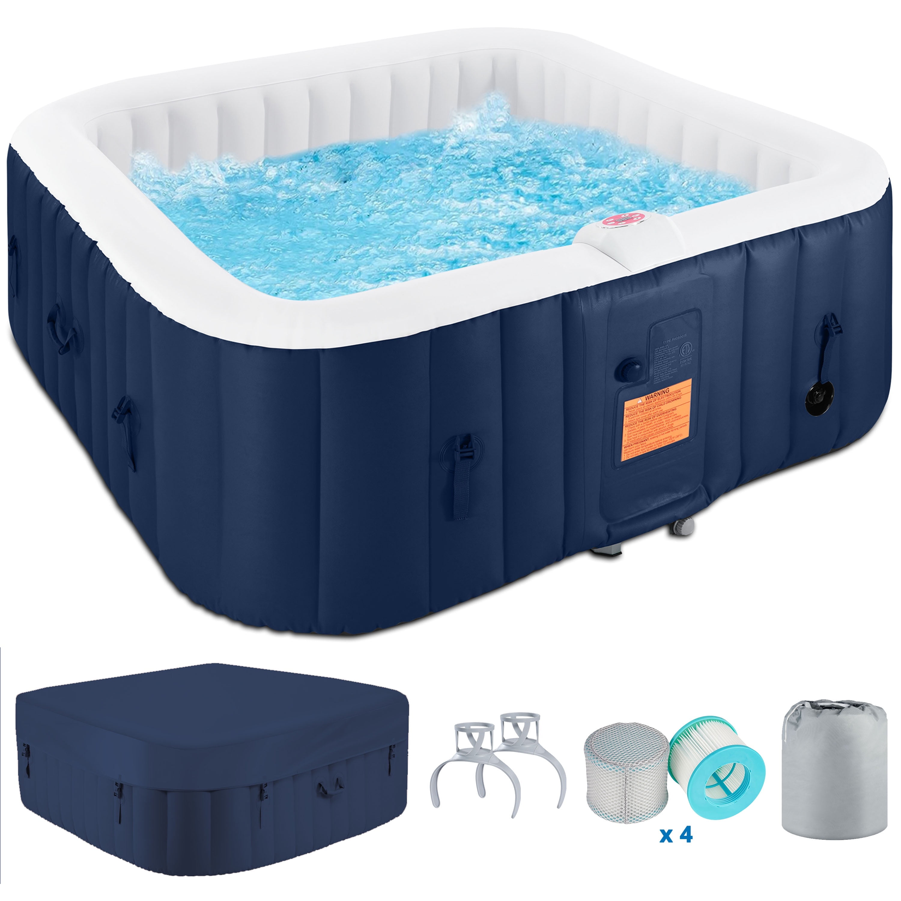 73 inch 4-6 Person Inflatable Hot Tub Spa with Control Panel, Outdoor Portable Hottub with 130 Jets, Insulated Tub Cover and Floor Protector, Temperature up to 104°F, Blue