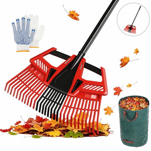 3-in-1 Detachable Leaf Rake, 73 inch Adjustable Steel Handle, 30 Tines PE Head, Garden Tool with Waste Bag & Work Gloves