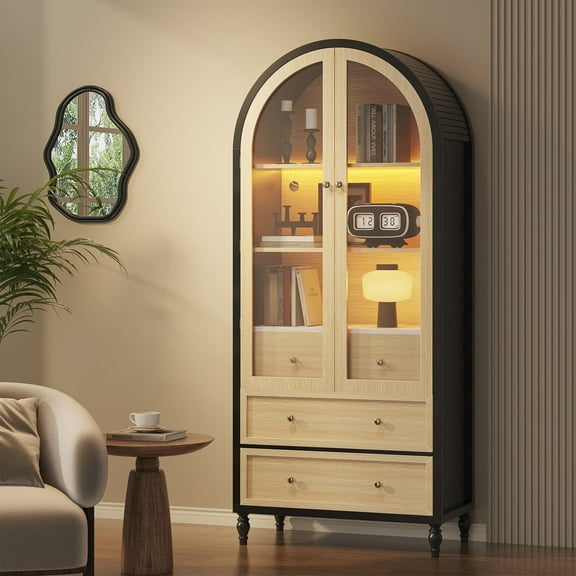 73 Inch Tall Arched Cabinet, Arched Storage Cabinet With Doors, Black-Oak Arched Pantry, LED Lighted Display Cabinet, Boho Arch Bookshelf