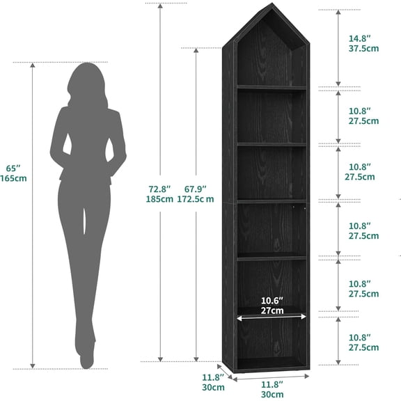 73 Inch Tall Narrow Bookshelf Modern Open 5 Tier Wooden Shelf Stand for Small Spaces Display Storage Rack for Bedroom Living Room Home Office Black