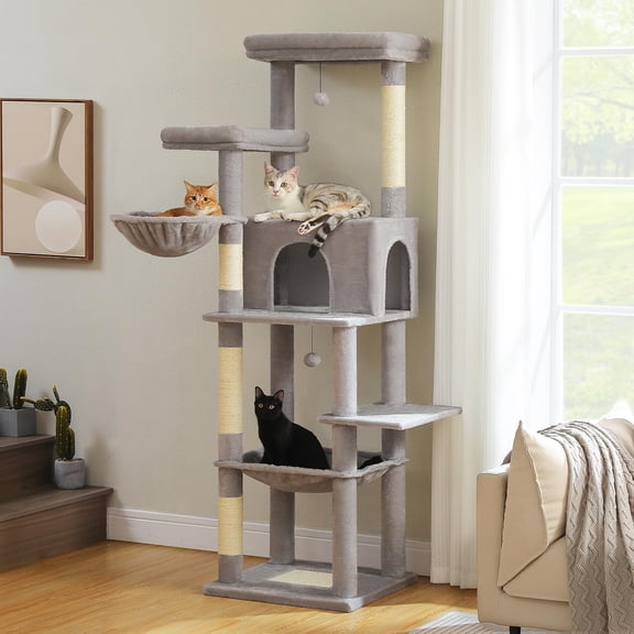 73 Inches Tall Cat Tree Heavy Duty Cat Tower for Indoor Adult Cats, Multi-Level Pet Activity Center Furniture w/ 1 Large Padded Perch, 2 Spacious Hammocks, 8 Long Scratching Posts, XL Plush Condo