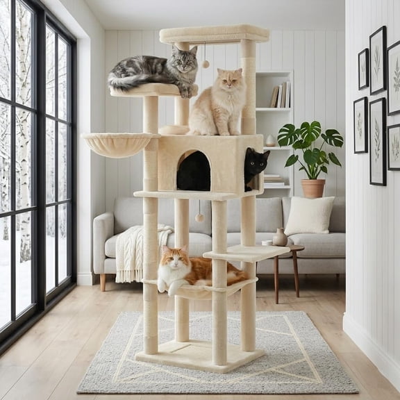 73 Inches Tall Cat Tree Heavy Duty Cat Tower for Indoor Adult Cats, Multi-Level Pet Activity Center Furniture w/ 1 Large Padded Perch, 2 Spacious Hammocks, 8 Long Scratching Posts, XL Plush Condo