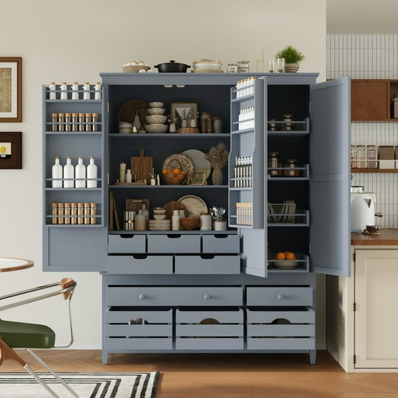 73" Kitchen Pantry Cabinet with 10 Drawers and 4 Pull-Out Trays, Food Pantry Storage Cabinet with 8-Tiers Refrigerator Doors and Adjustable Shelves, Freestanding Cupboard for Kitchen, Gray