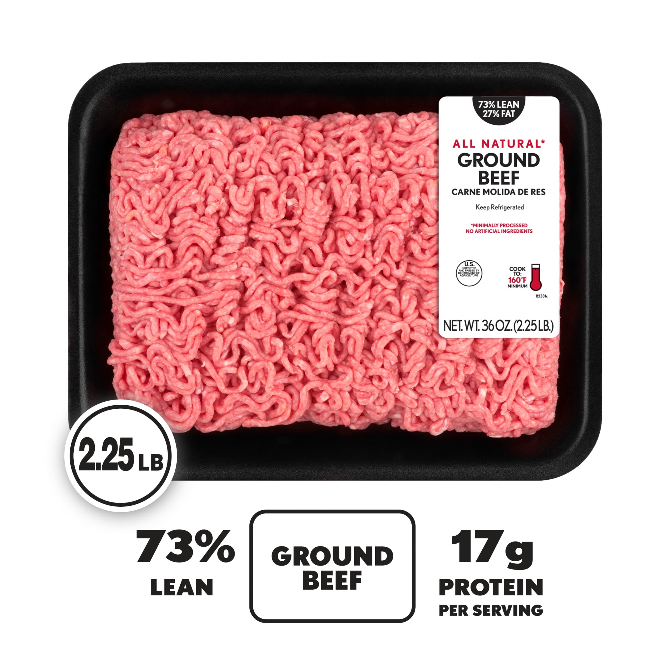 All Natural* 73% Lean/27% Fat Ground Beef, 2.25 lb Tray