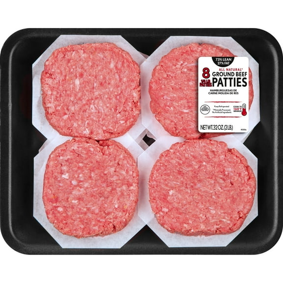 73% Lean/27% Fat Ground Beef Patties, 8 Count, 2 lb Tray, Fresh, All Natural*