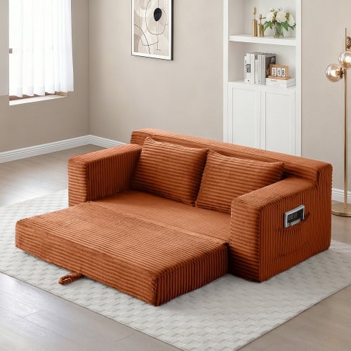 73" Memory Foam Deep Seat Single Sofa Bed, Foldable Sofa Bed with No Assembly, Comfy Fabric Sleeper Couch with Storage Pockets for Small Spaces, Orange