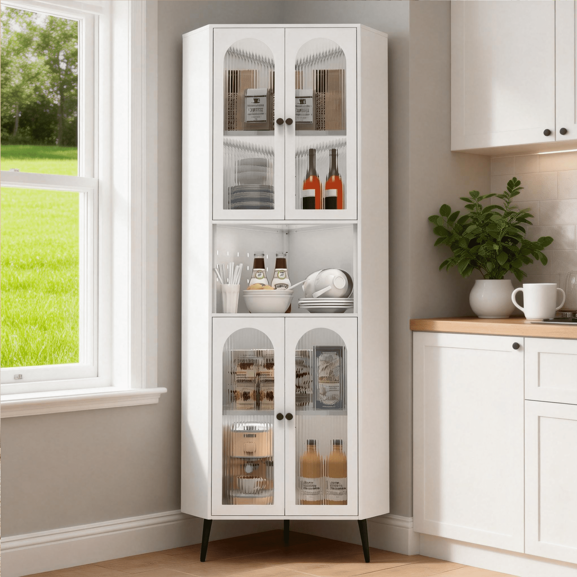 73" Metal Storage Cabinet with Doors and Adjustable Shelves,Modern Corner Cabinet Organizer Space-Saving Storage for Living Room,Office,Dining Room,White