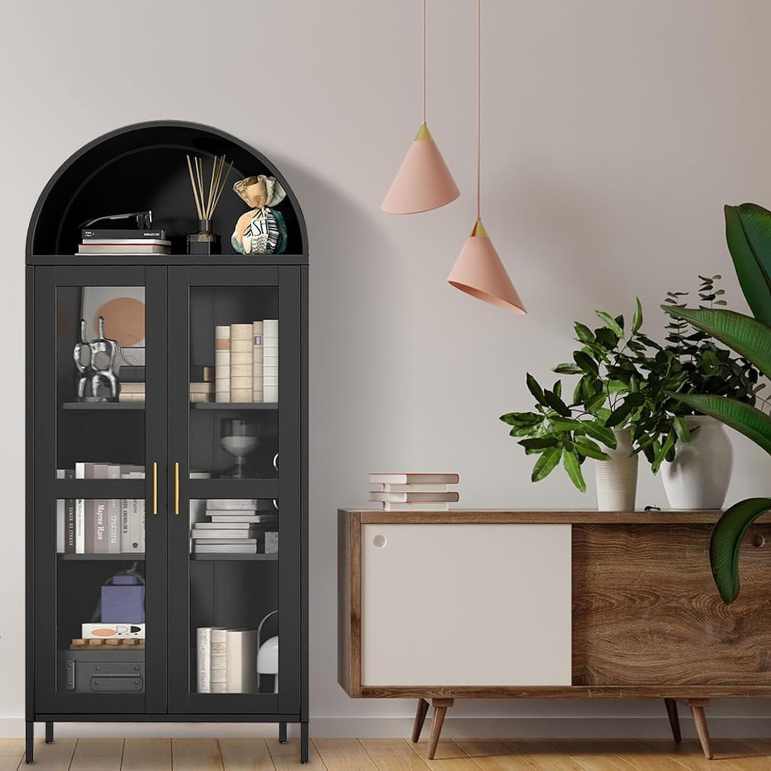 73" Modern Farmhouse Arched Pantry Cabinet, Black Metal Storage with Glass Doors & Adjustable Shelves