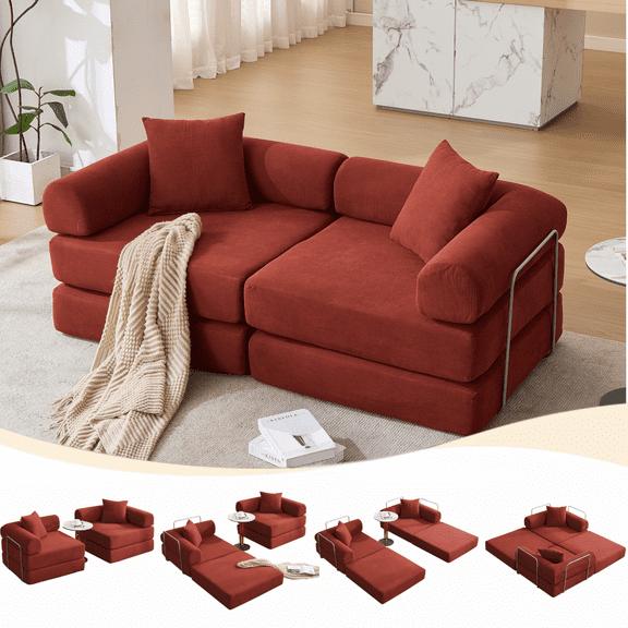 73" Modular Couch Sofa Bed with Fixed-Shape Frame, Removable Armrests and Pillows, 4 Independent Modules, Convertible Sleeper Sofa Bed for Living Room, No Assembly, Red