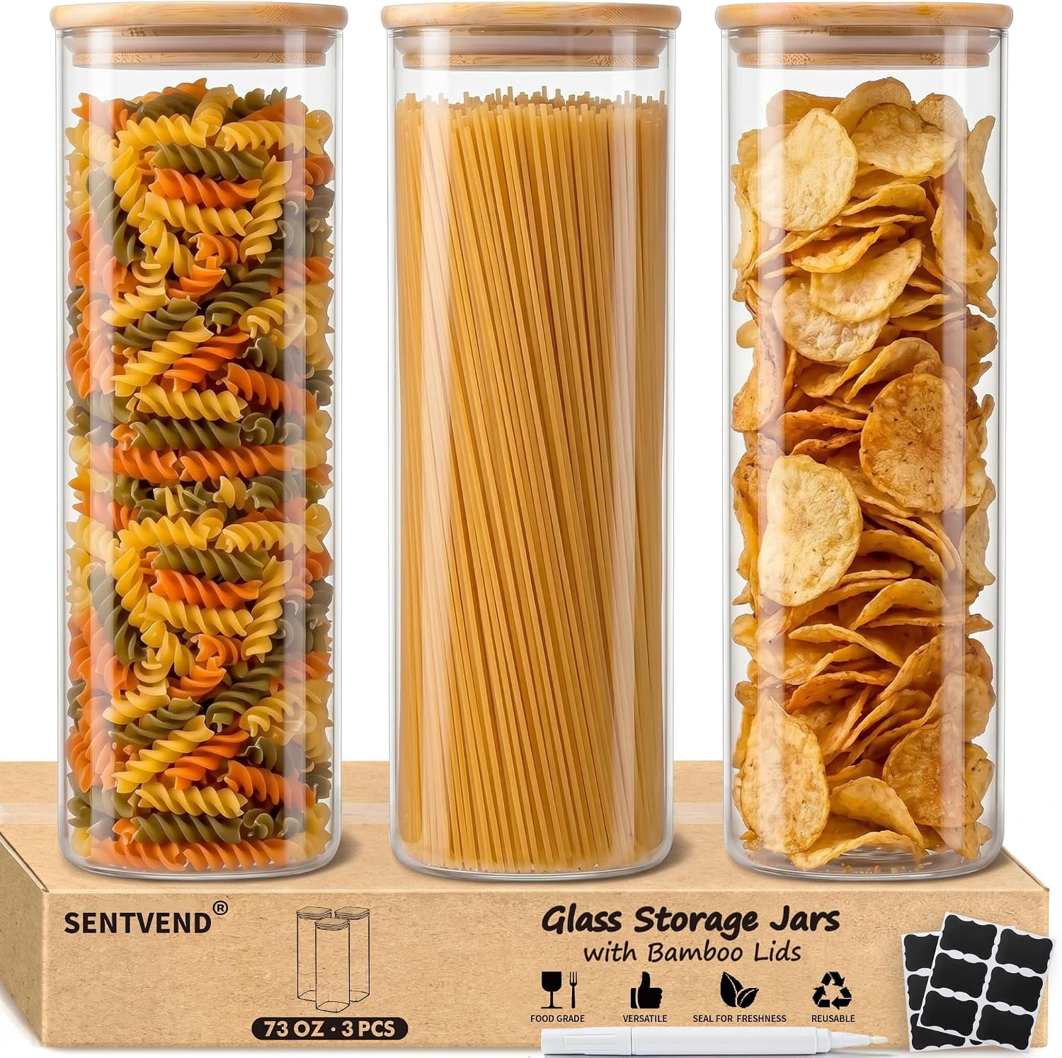 73 Oz Glass Jars - 3 Pack Food Storage Containers with Lids Square ...