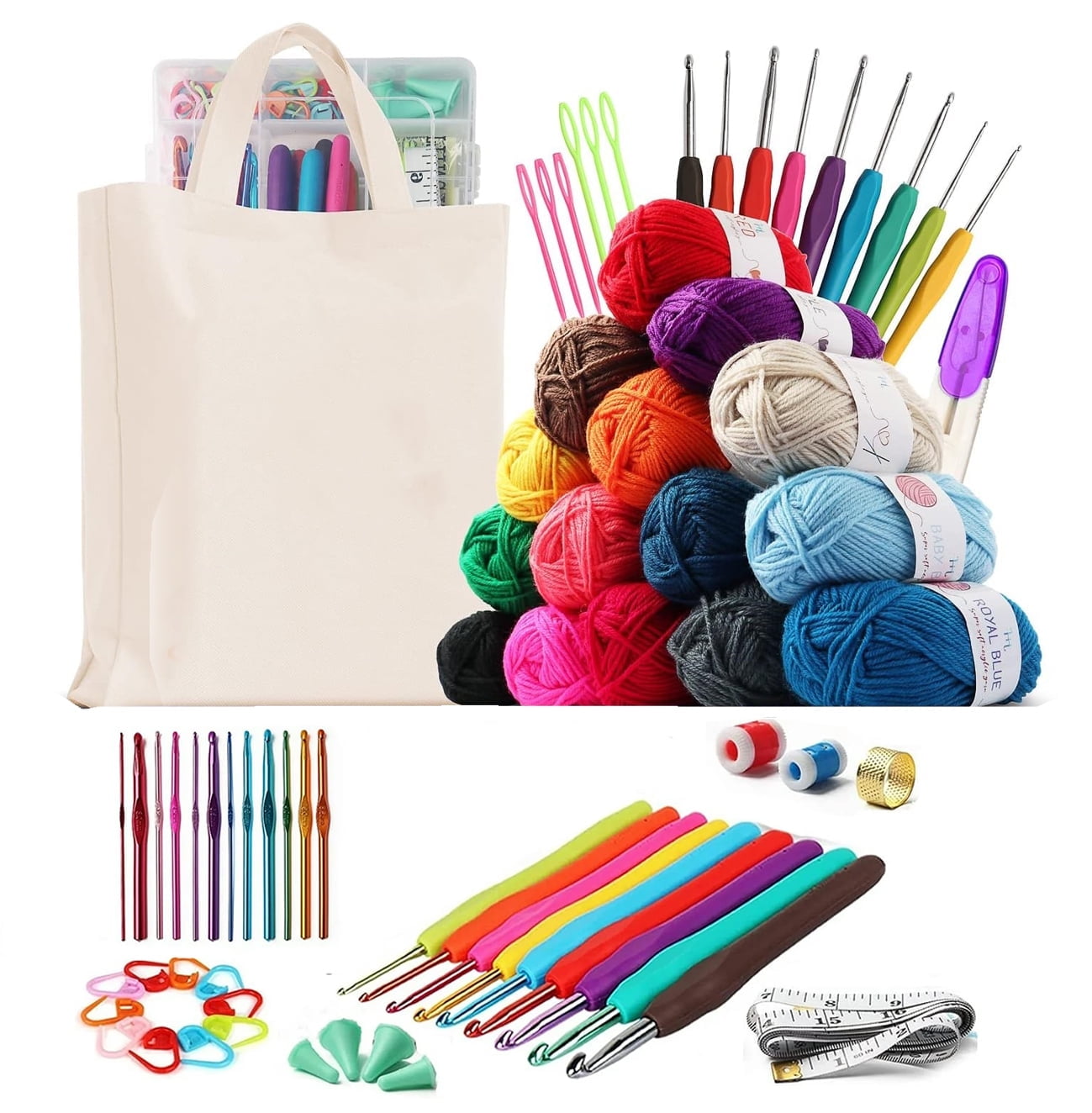 73 Piece Crochet with Yarn Set–Crochet Hook Set with 15 Crochet Yarn, Crochet Accessories Set Including Ergonomic Hooks, Knitting Needles & More Ideal Beginner Kit,Christmas Gifts for Adults and Kids
