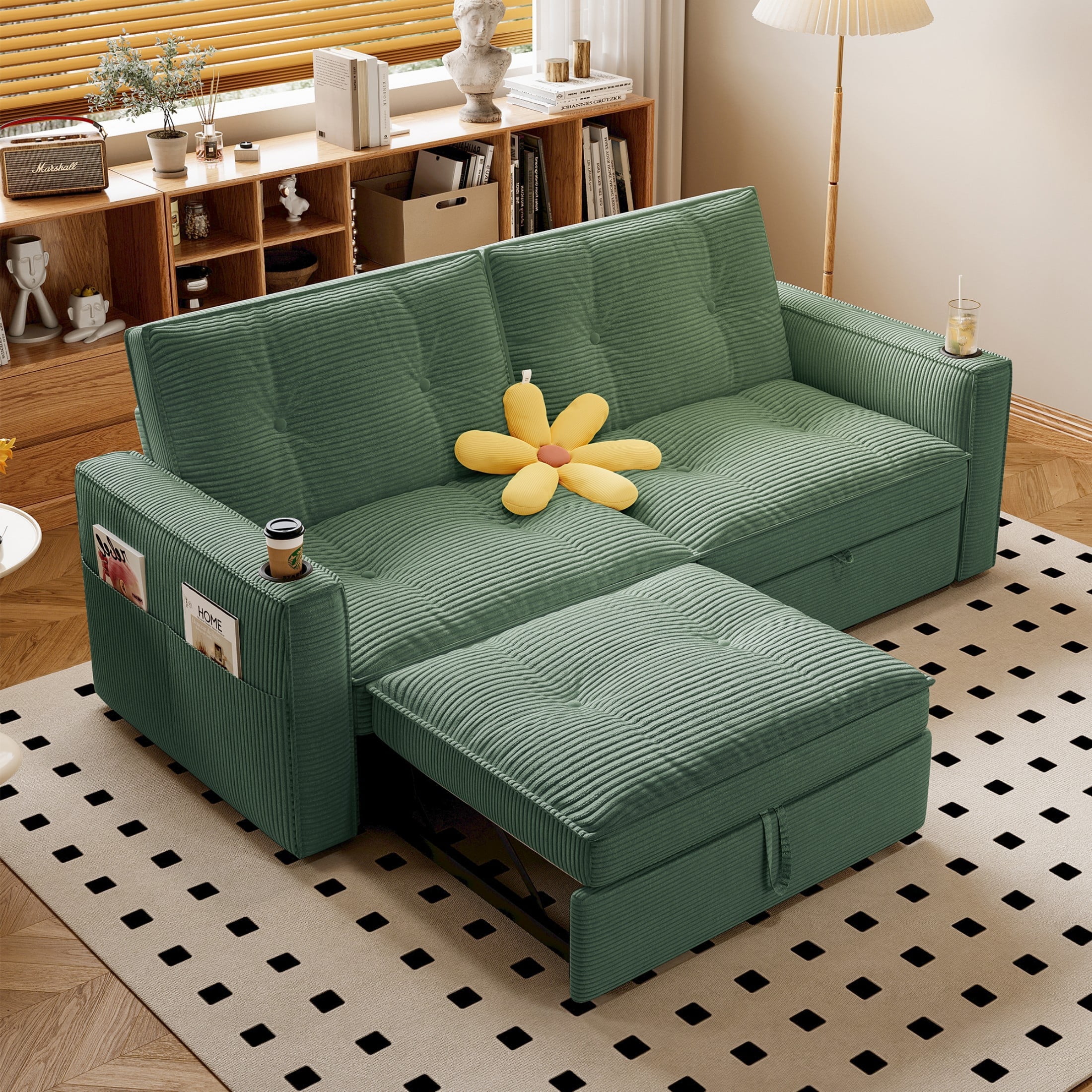 73" Queen Size Sofa Bed, Loveseat Sleeper Sofa with Pull Out Bed, Pockets and Cup Holders, Modern 2 Seater Convertible Small Couch for Living Room Bedroom Apartment,Green