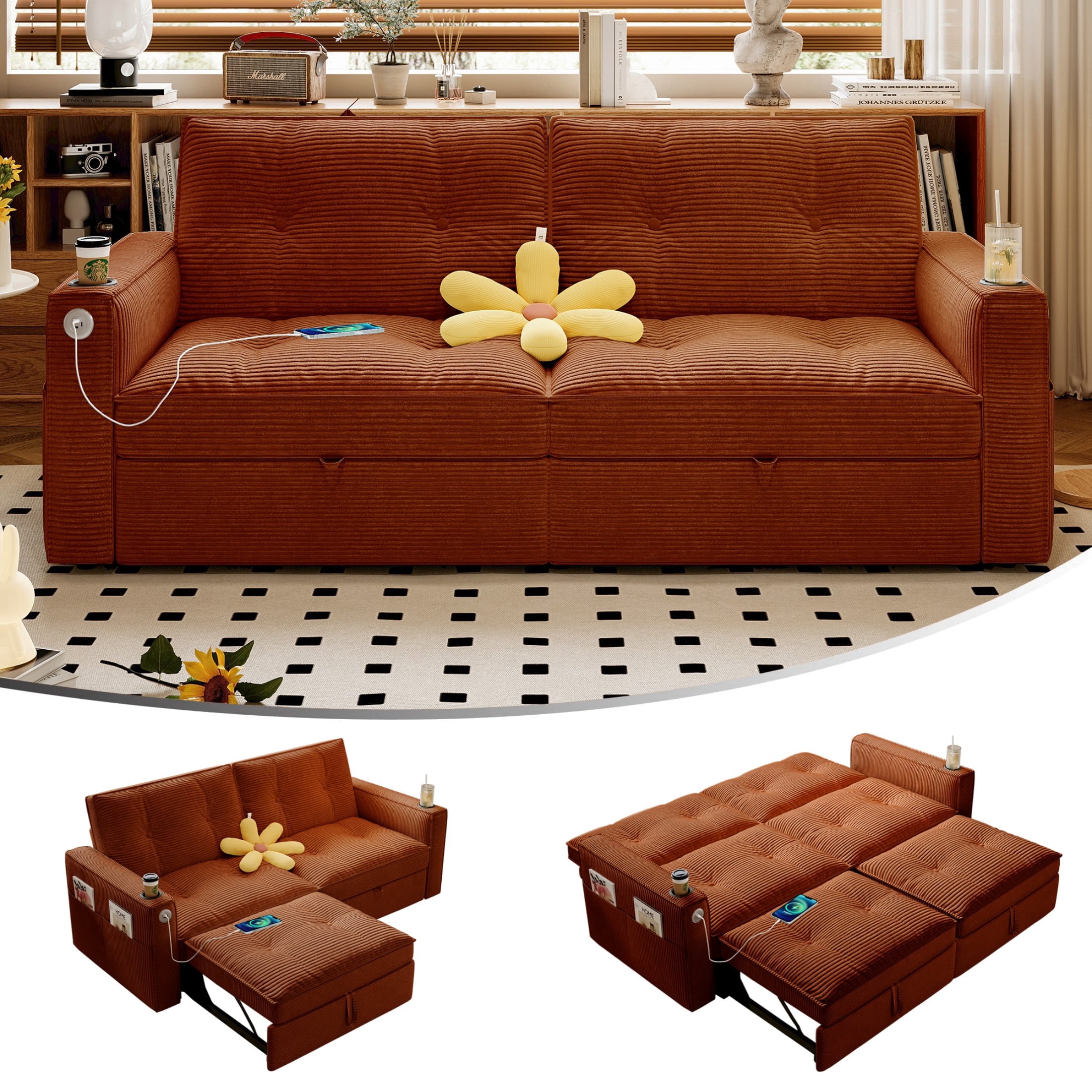 73" Queen Size Sofa Bed, Loveseat Sleeper Sofa with Pull Out Bed, Pockets and Cup Holders, Modern 2 Seater Convertible Small Couch for Living Room Bedroom Apartment,Orange