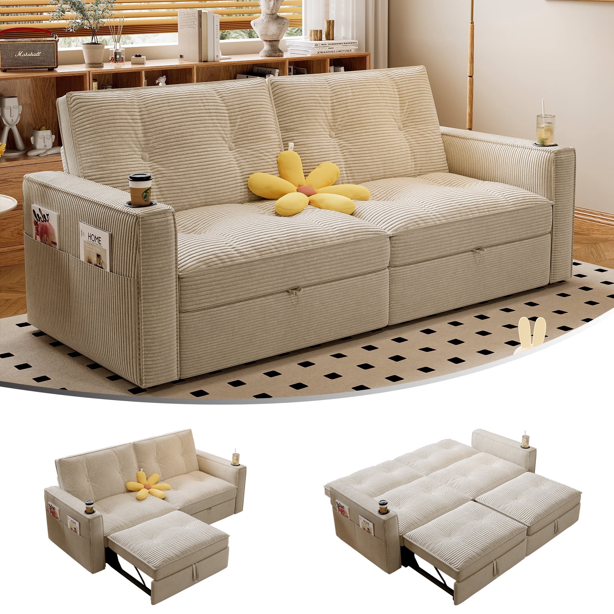73" Queen Size Sofa Bed, Loveseat Sleeper Sofa with Pull Out Bed, Pockets and Cup Holders, Modern 2 Seater Convertible Small Couch for Living Room Bedroom Apartment,White