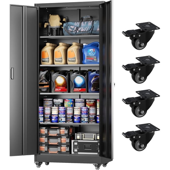 73" Rolling Storage Cabinet,Black Metal Garage Cabinet with Locking Doors and 4 Adjustable Shelves for Home,Kitchen,Office,Warehouse(32" W x 16" D,Wheels)