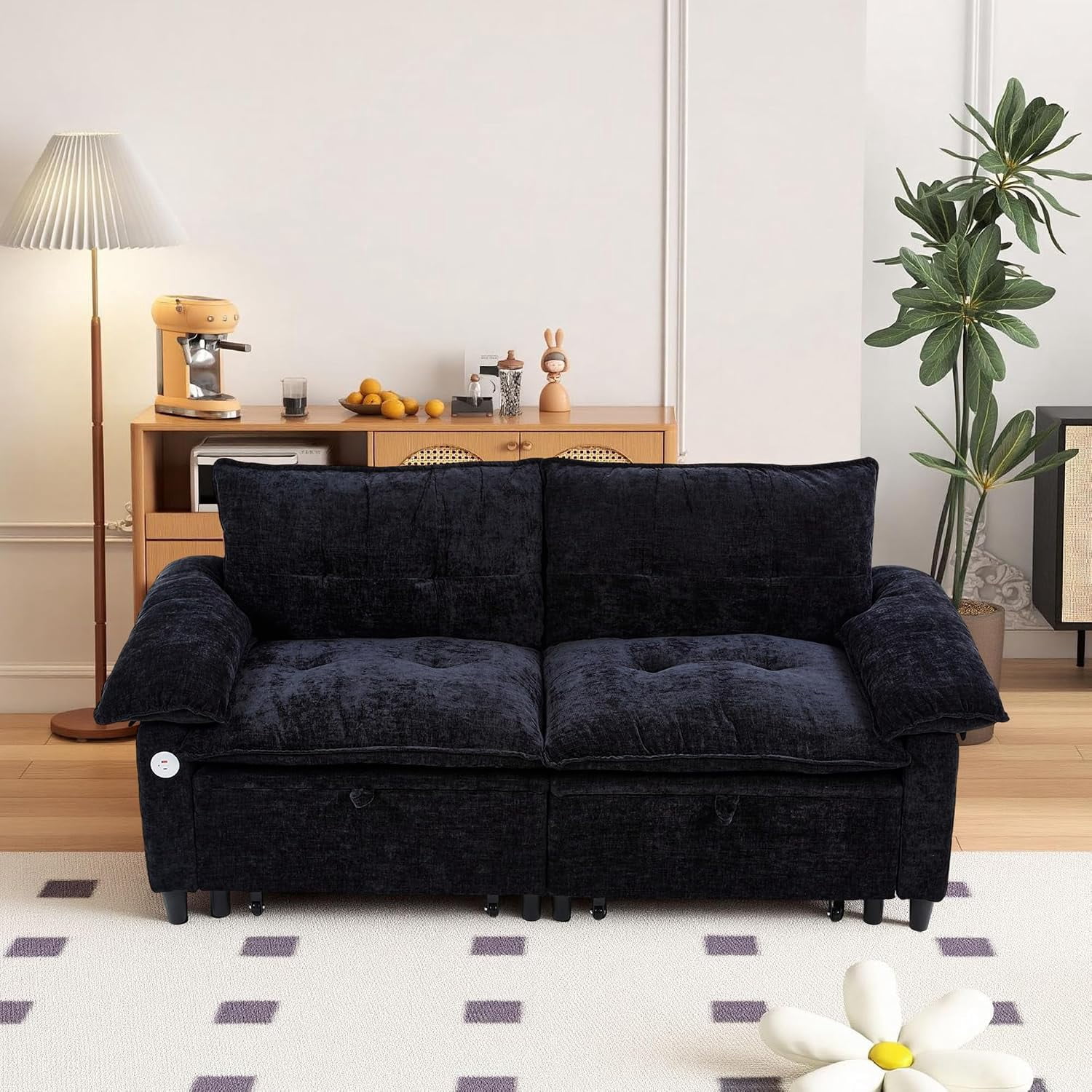 73" Sleeper Sofa Bed Full, Pre-Assembled Velvet Pull Out Sofa, Black,Convertible Futon Couch with Adjustable Backrest, Tufted, USB, Side Pockets, Loveseat for Living Room, Apartment, Small Space