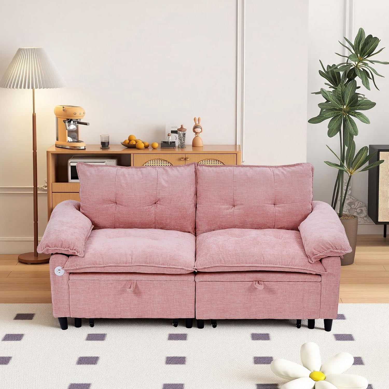 73" Sleeper Sofa Bed Full, Pre-Assembled Velvet Pull Out Sofa, Blush Pink,Convertible Futon Couch with Adjustable Backrest, Tufted, USB, Side Pockets, Loveseat for Living Room, Apartment, Small Space