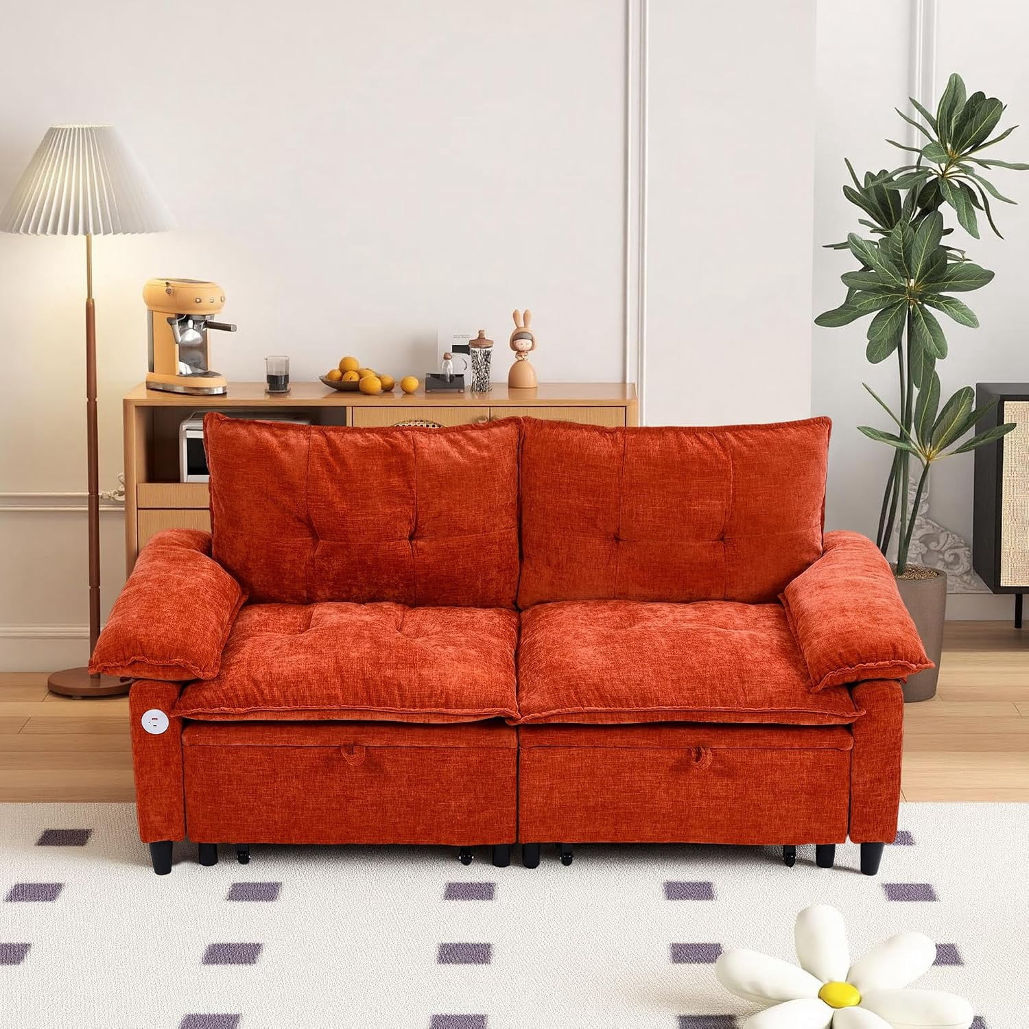 73" Sleeper Sofa Bed Full, Pre-Assembled Velvet Pull Out Sofa, Burnt Orange,Convertible Futon Couch with Adjustable Backrest, Tufted, USB, Side Pockets, Loveseat for Living Room, Apartment