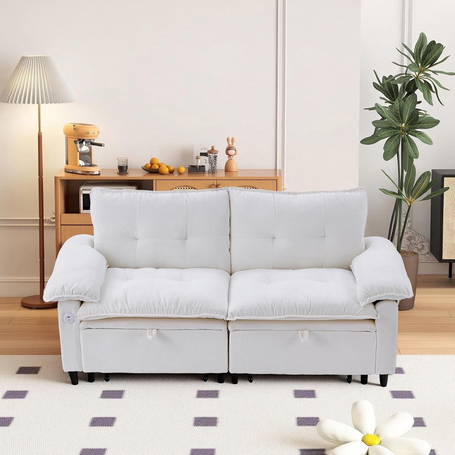 73" Sleeper Sofa Bed Full, Pre-Assembled Velvet Pull Out Sofa, White,Convertible Futon Couch with Adjustable Backrest, Tufted, USB, Side Pockets, Loveseat for Living Room, Apartment, Small Space