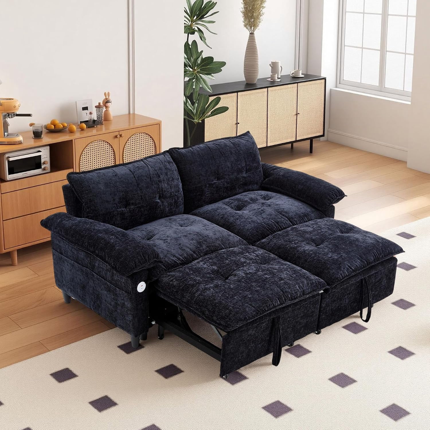 73'' Sleeper Sofa Bed Full Size, Pull Out Couches for RVS, Black,3 In 1 Convertible Couches, Pre-Installed for Small Space, Living Room, Apartment, Velvet Loveseat with USB & Side Pocket
