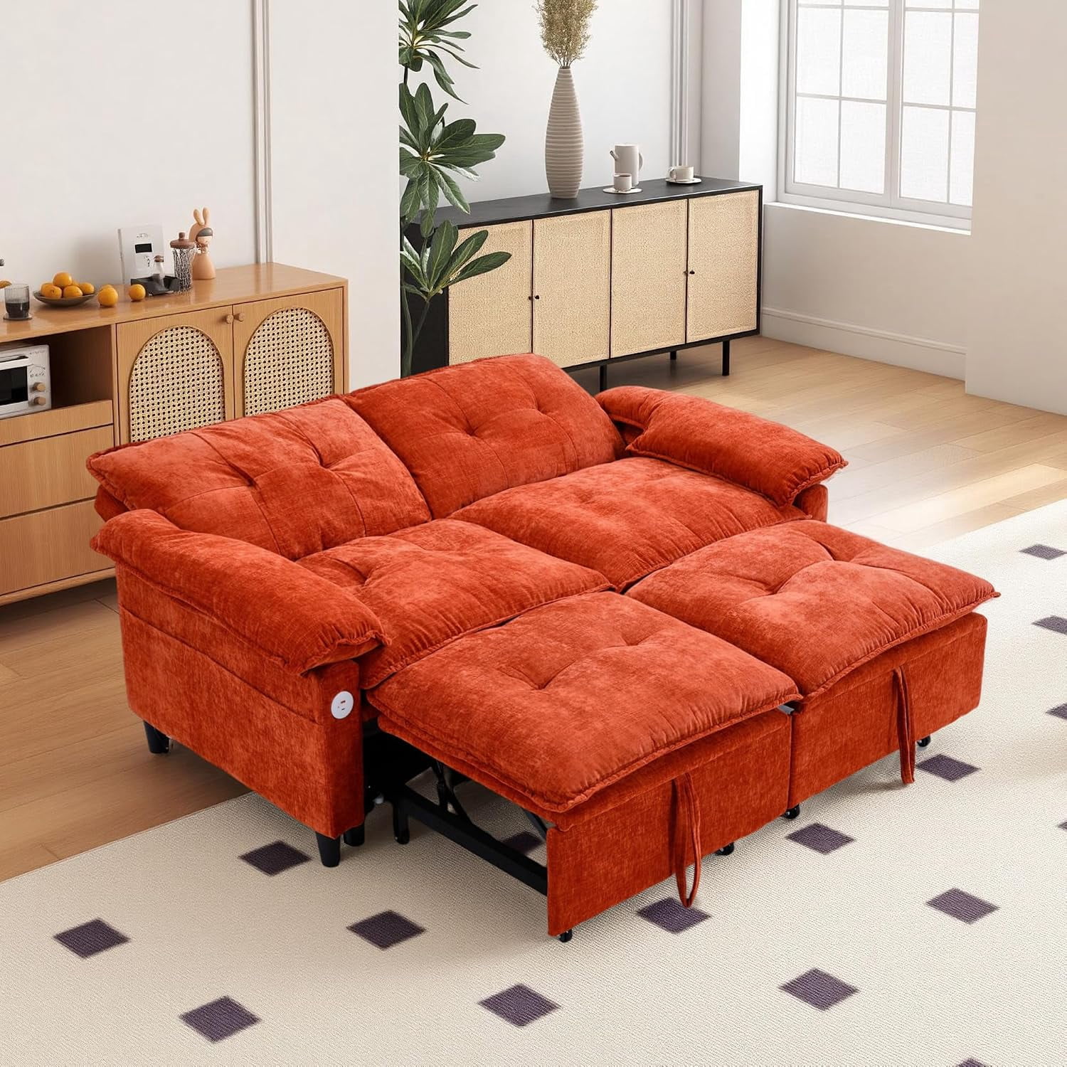 73'' Sleeper Sofa Bed Full Size, Pull Out Couches for RVS, Orange,3 In 1 Convertible Couches, Pre-Installed for Small Space, Living Room, Apartment, Velvet Loveseat with USB & Side Pocket