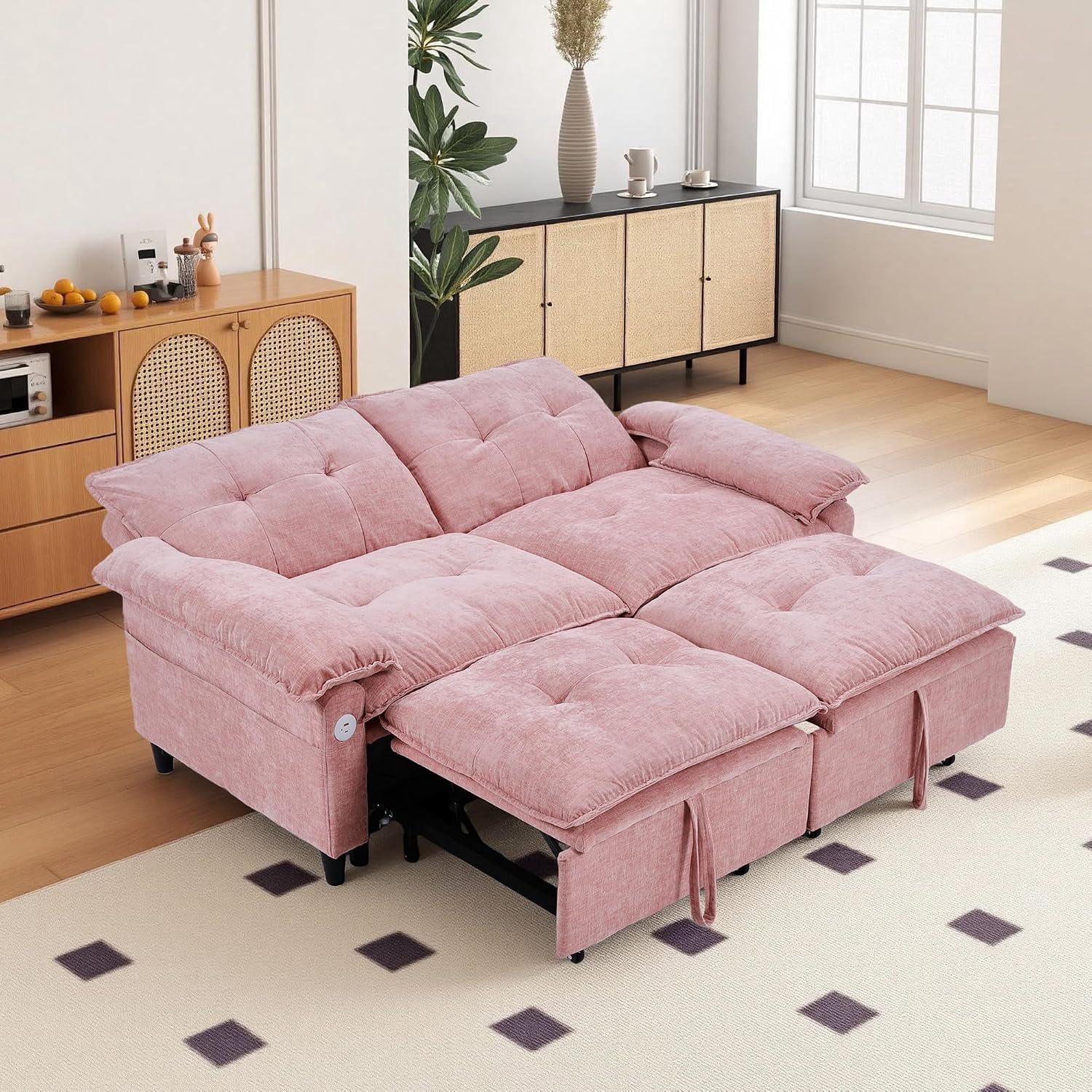 73'' Sleeper Sofa Bed Full Size, Pull Out Couches for RVS, Pink,3 In 1 Convertible Couches, Pre-Installed for Small Space, Living Room, Apartment, Velvet Loveseat with USB & Side Pocket