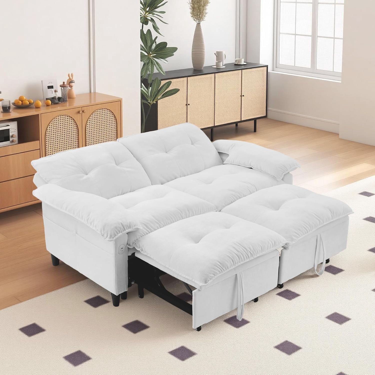 73'' Sleeper Sofa Bed Full Size, Pull Out Couches for RVS, White,3 In 1 Convertible Couches, Pre-Installed for Small Space, Living Room, Apartment, Velvet Loveseat with USB & Side Pocket