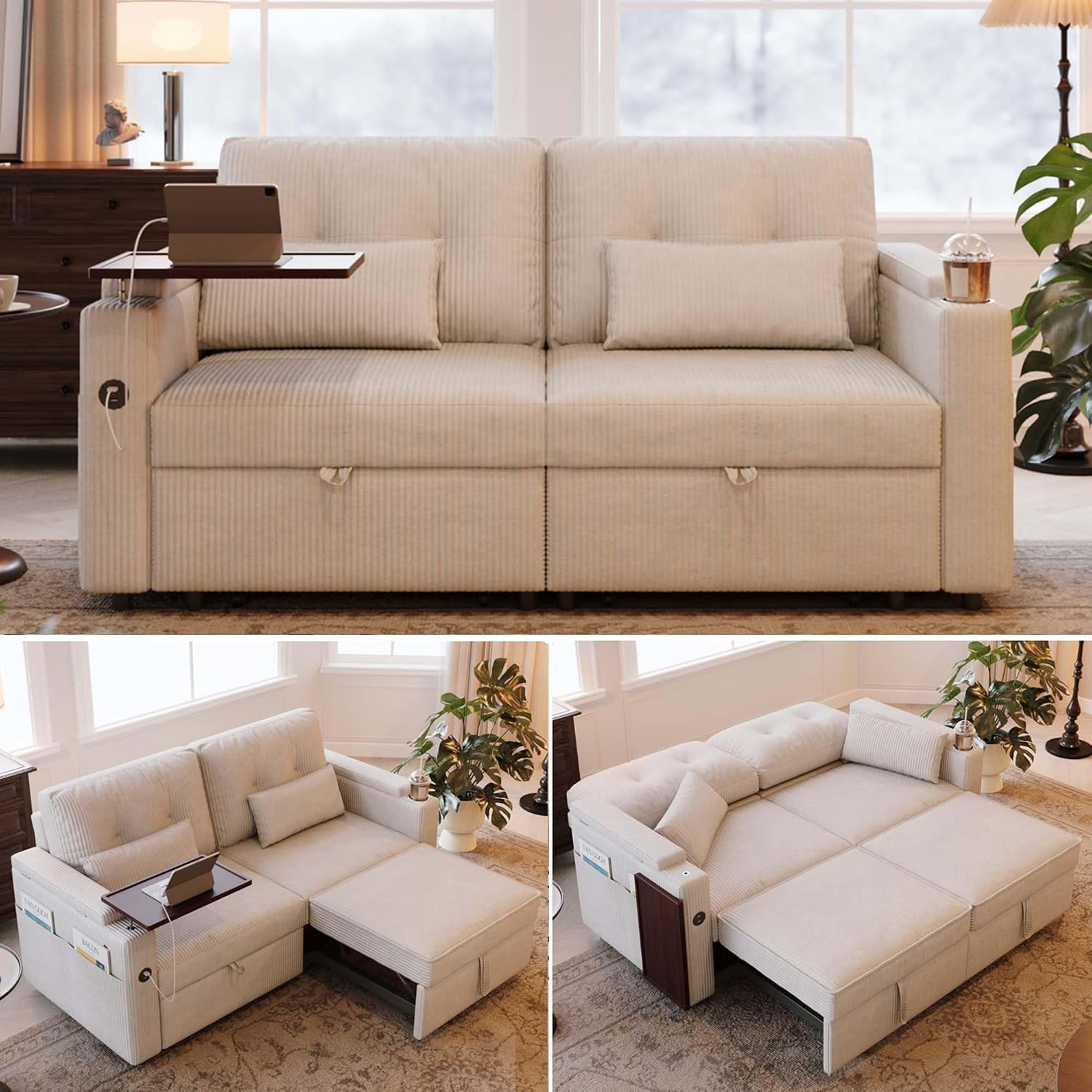 73'' Sleeper Sofa Bed Queen, Corduroy Pull Out Couch for Living Room, Beige | 3-in-1 Convertible Sofa with Table & USB, Storage Space, Fit for Movie Nights, Portable loveseat Fits Apartment, Balcony