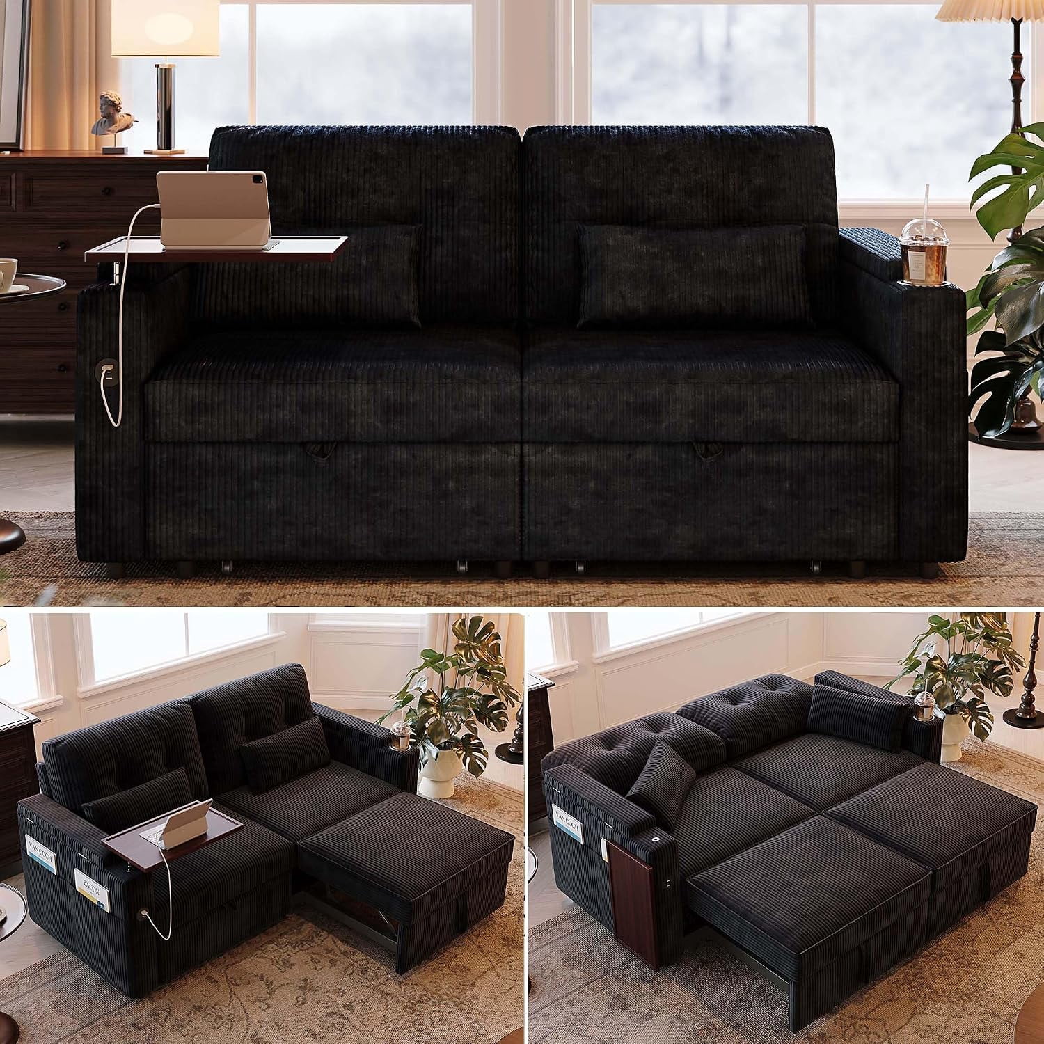73'' Sleeper Sofa Bed Queen, Corduroy Pull Out Couch for Living Room, Black | 3-in-1 Convertible Sofa with Table & USB, Storage Space, Fit for Movie Nights, Portable loveseat Fits Apartment, Balcony