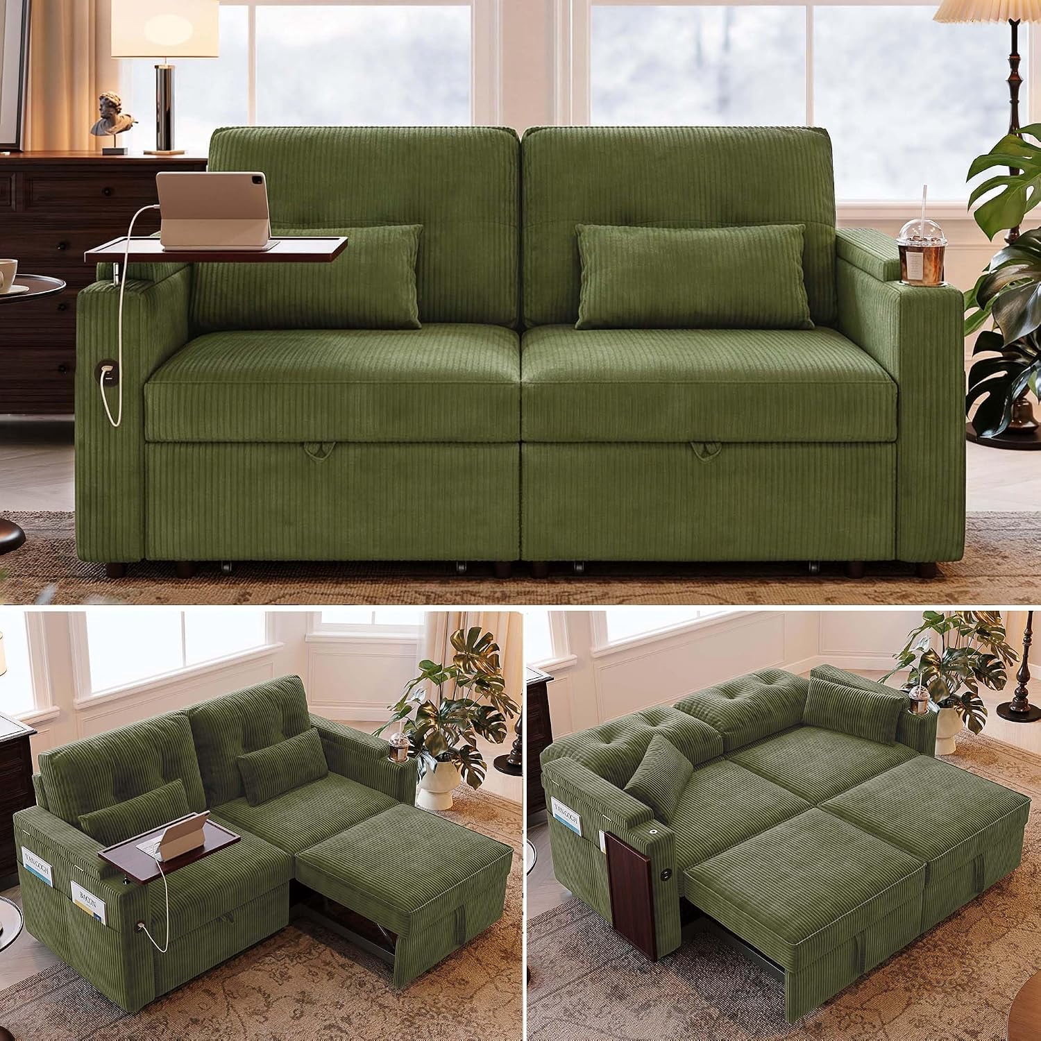 73'' Sleeper Sofa Bed Queen, Corduroy Pull Out Couch for Living Room, Green | 3-in-1 Convertible Sofa with Table & USB, Storage Space, Fit for Movie Nights, Portable loveseat Fits Apartment, Balcony